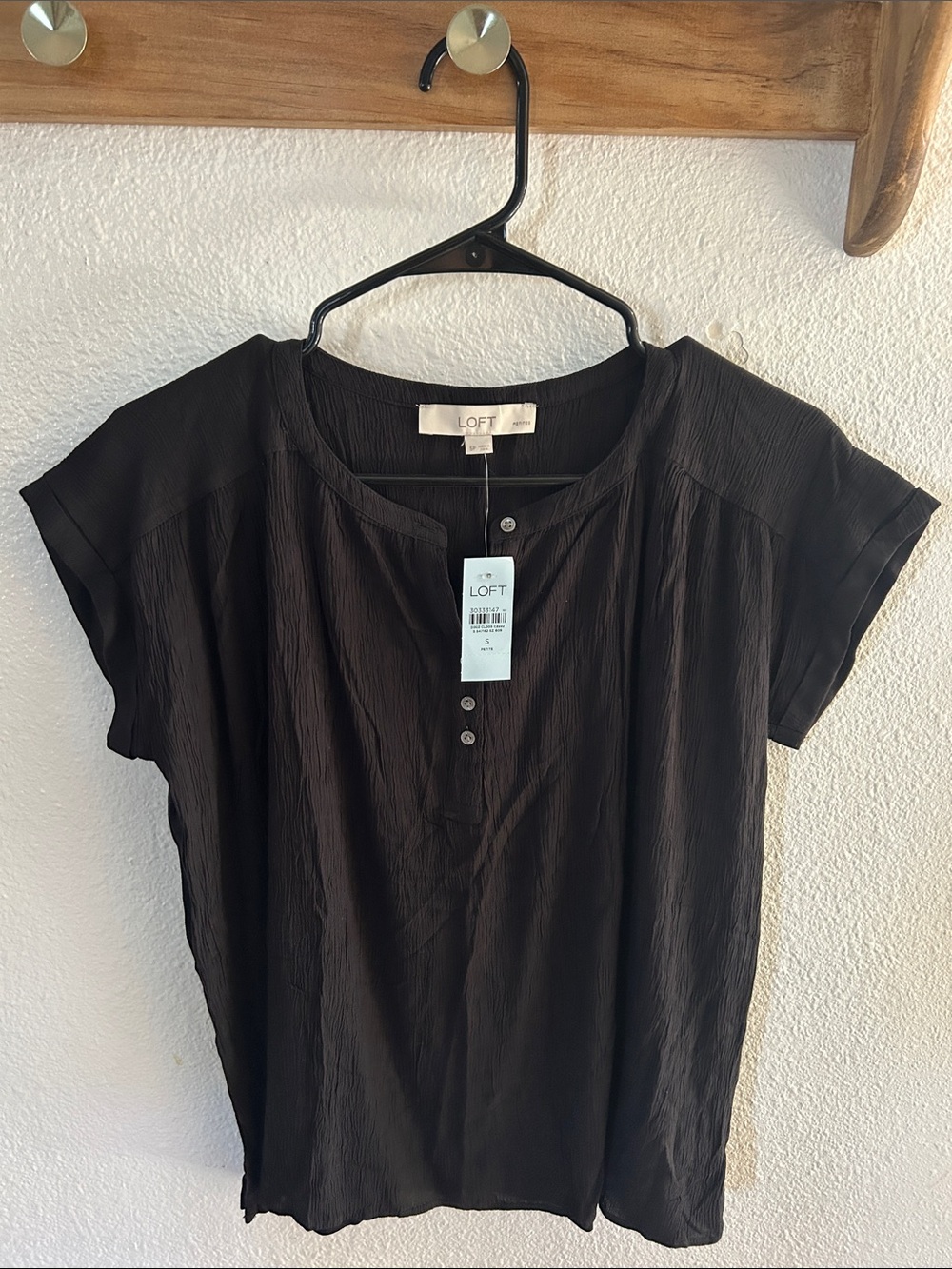 LOFT Black Short-Sleeve Henley Blouse